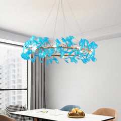 Gold Ginkgo Leaf Ring Pendant Light Fixture with Amber Glow