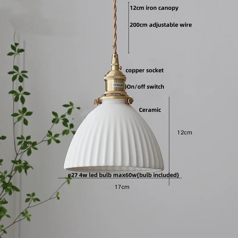 White ceramic pendant light with measurements and specifications on a gray background