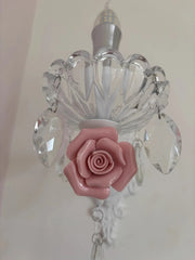 White Ceramic Rose Crystal Sconce Light with Leaf Accents