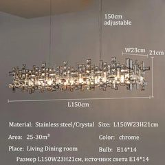 Polished Chrome Rectangular Crystal Chandelier Hanging Ceiling Light