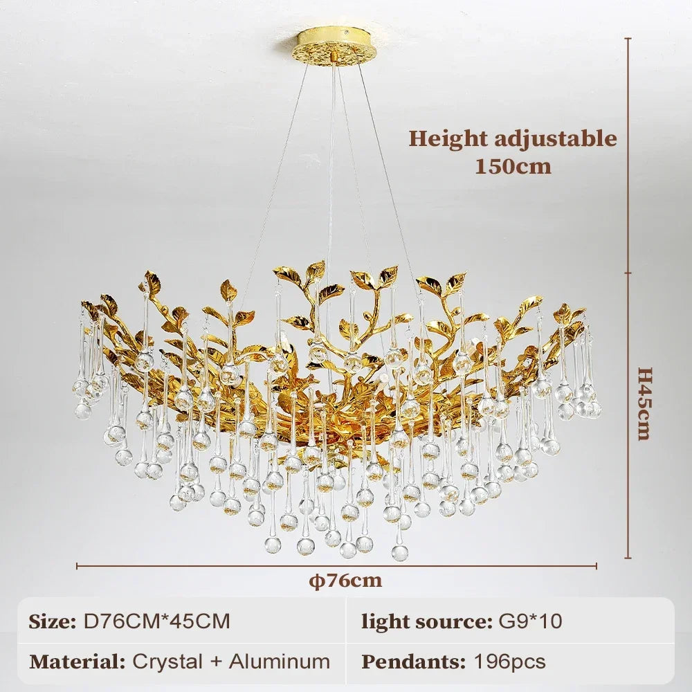 Gold chandelier with crystal pendants and dimensions on a white background