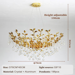 Gold chandelier with crystal pendants and dimensions on a white background