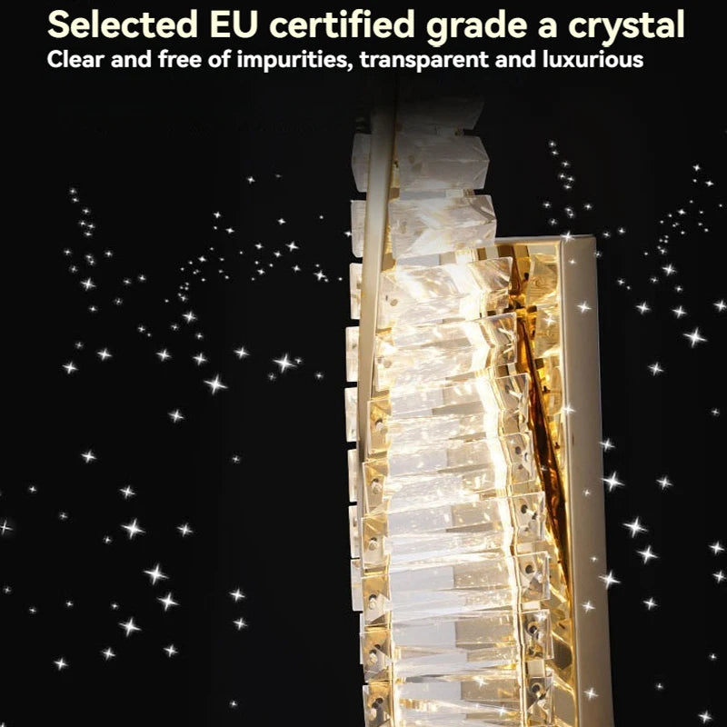 Crystal chandelier with text about EU certification and crystal quality on a dark background.