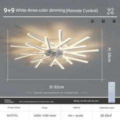Ceiling light fixture with remote control, dimensions, and product details on a gray background