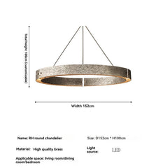 RH round chandelier with dimensions and material details on a white background