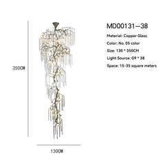 A vertical diagram showing the dimensions of a large, cascading crystal chandelier, with a height of 350cm and width of 130cm.