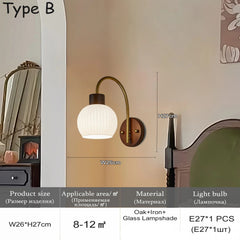 Wall-mounted lamp with dimensions and material details on a neutral background
