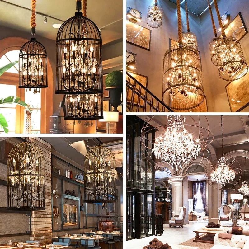 Collage of chandeliers in various settings including a restaurant and a home.