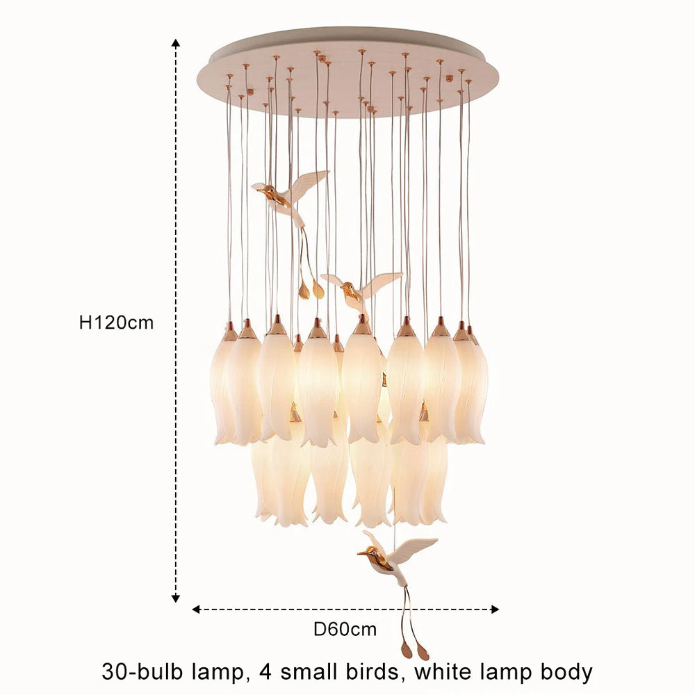 Chandelier with 30 bulbs and small bird decorations, dimensions shown.