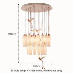 Chandelier with 30 bulbs and small bird decorations, dimensions shown.