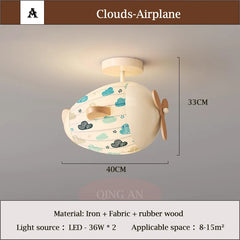 Airplane Cloud Fabric Flush Mount Ceiling Light with Wooden Propeller