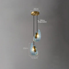 Modern pendant light with adjustable dimensions on a gray background