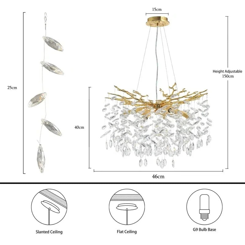 Chandelier with measurements and installation instructions on a white background