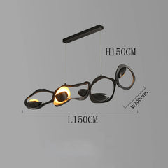 Modern pendant light with dimensions on a gray background