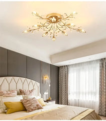 Gold Crystal Leaf Semi-Flush Mount Light with Branch Accents