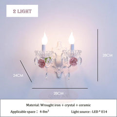 White Ceramic Rose Crystal Sconce Light with Leaf Accents
