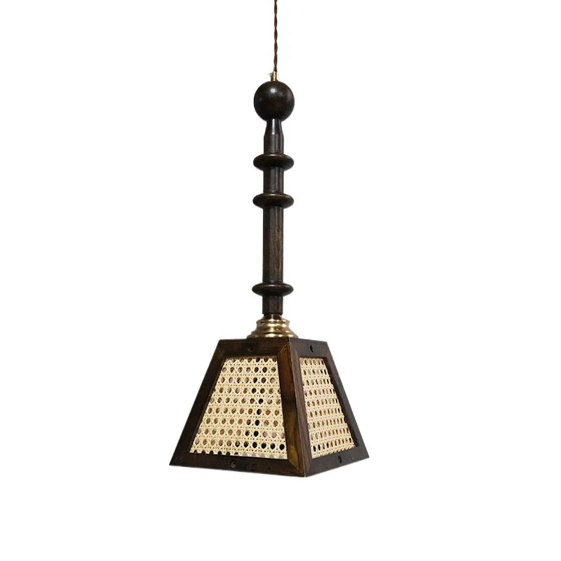 Decorative pendant light with wooden and brass design on a white background