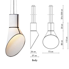Pendant light with dimensions on a white background
