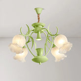 Green floral tulip semi-flush ceiling light fixture shown against a white ceiling