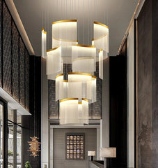 Modern interior with a large chandelier in a stylish room.