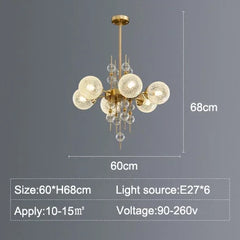 Gold chandelier with glass bulbs on a gray background, including dimensions and technical details.