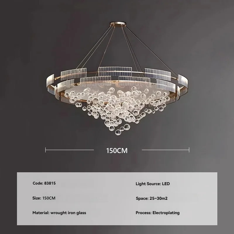 Chandelier with dimensions and product details on a dark background