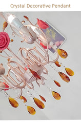 Pink Rose Ceramic Crystal Chandelier Semi-Flush Mount Light