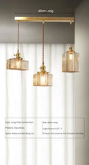 Brass Square Pendant Light with Textured Amber Glass Shade