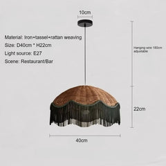 Woven Rattan Dome Pendant Light with Black Tassel Fringe