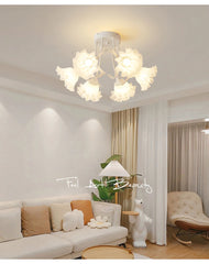 Flower Bud Semi-Flush Ceiling Light White Glass Green Metal Accents