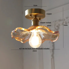 Ceiling light fixture with measurements and bulb information on a neutral background