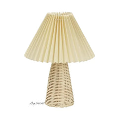 Rattan Base Pleated Fabric Shade Table Lamp - Bedside Accent Light