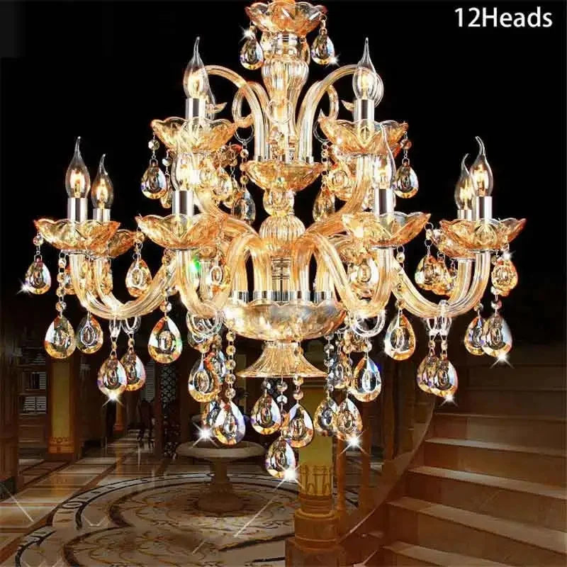 A display of various sizes of gold crystal candelabra chandeliers, showing 18, 15, 12, 10, 8, and 6 heads.