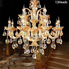 A display of various sizes of gold crystal candelabra chandeliers, showing 18, 15, 12, 10, 8, and 6 heads.