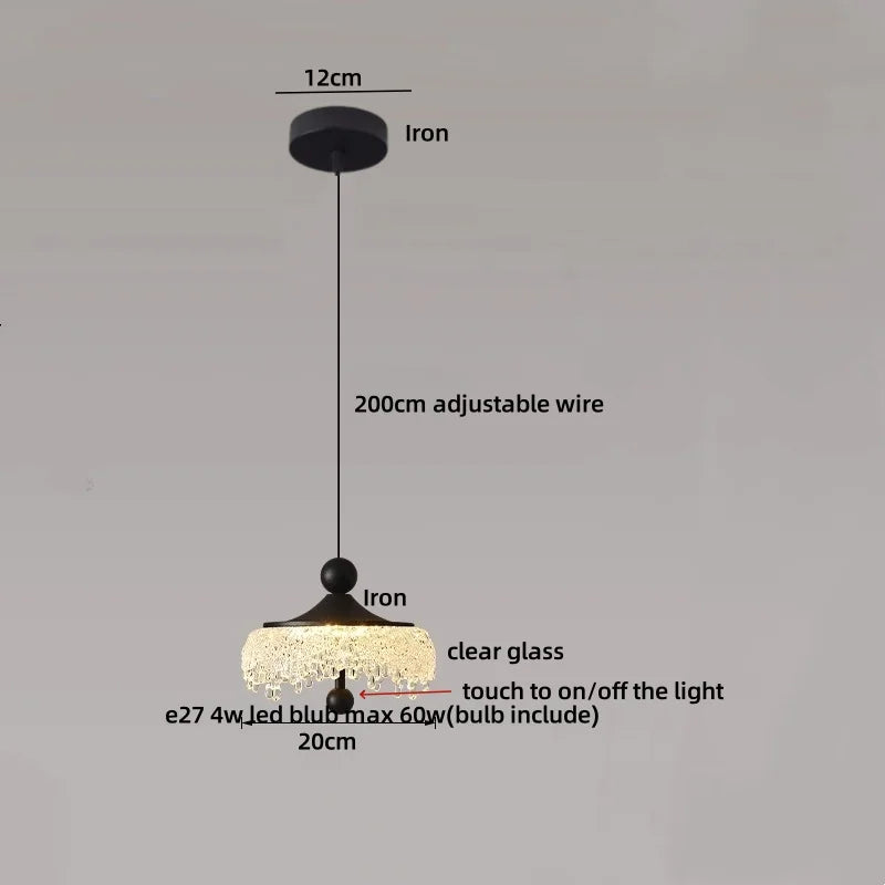 Pendant light with labeled components on a gray background