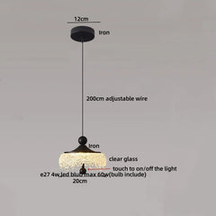 Pendant light with labeled components on a gray background