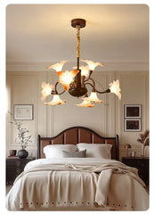 Bronze Floral Chandelier Pendant Light with Frosted Glass Bell Shades
