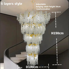A diagram illustrating the dimensions and layers of a gold crystal chandelier, showing H190cm and D100cm for a 5-layer model.