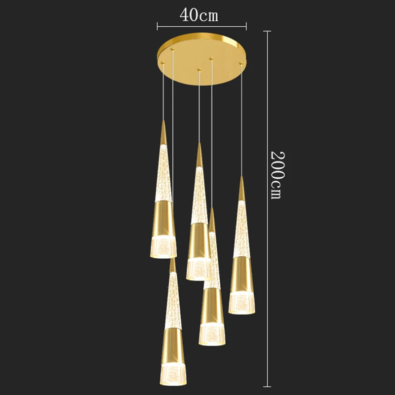 Gold pendant light fixture with measurements on a black background