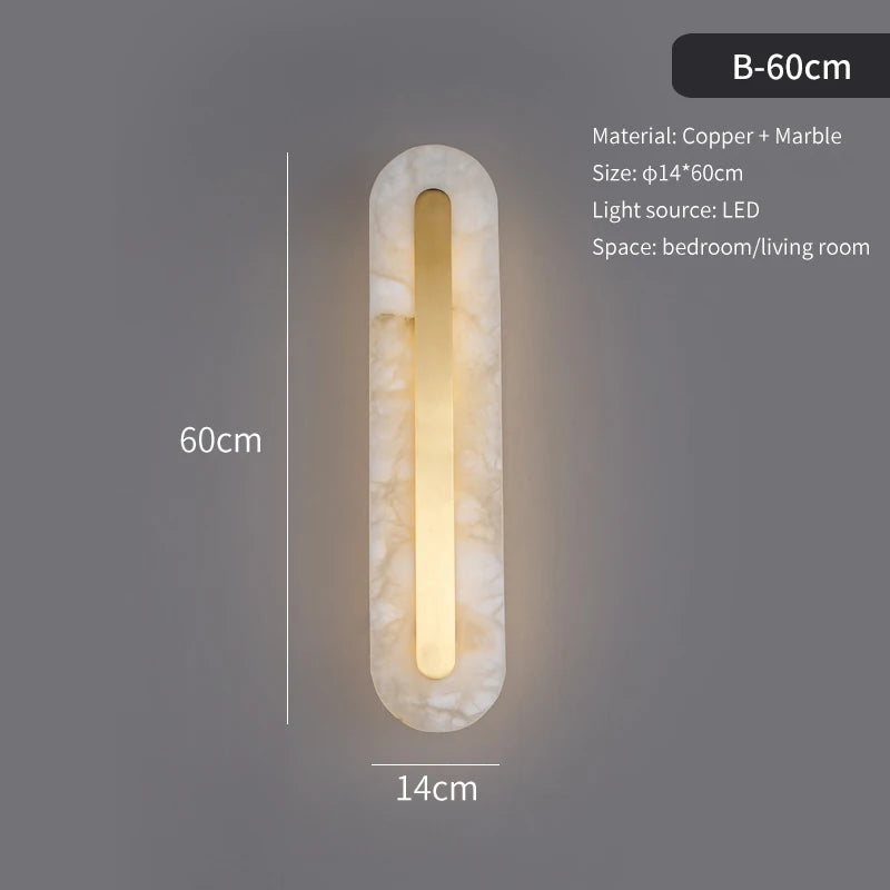 Wall-mounted light fixture with dimensions and material details on a dark background