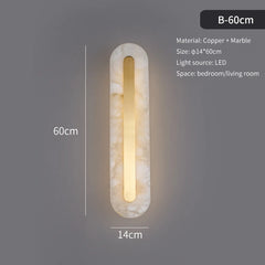 Wall-mounted light fixture with dimensions and material details on a dark background