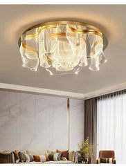 Gold Floral Wave Flush Mount Ceiling Light with Soft Fabric Shades