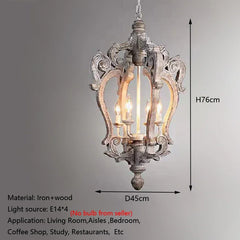 Decorative pendant light with dimensions and material details on a gray background