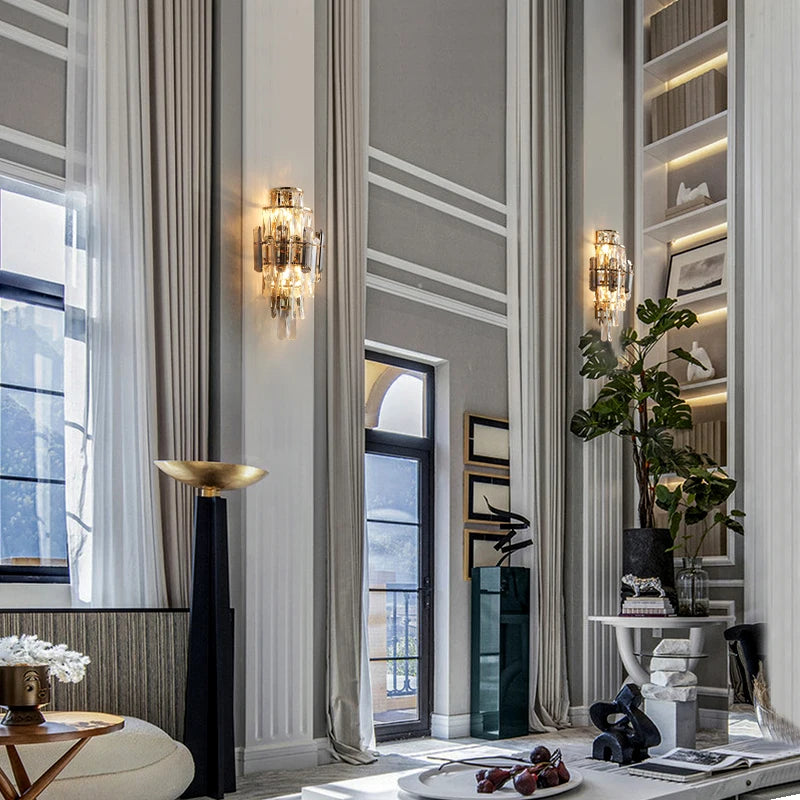 Modern living room with striped walls, large windows, and decorative elements.