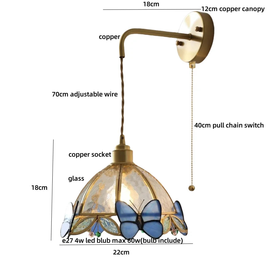 Butterfly-themed pendant light with measurements on a white background