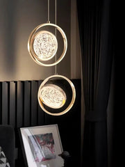 Gold Ring Pendant Light with Crystal Inlay and Swirling Design