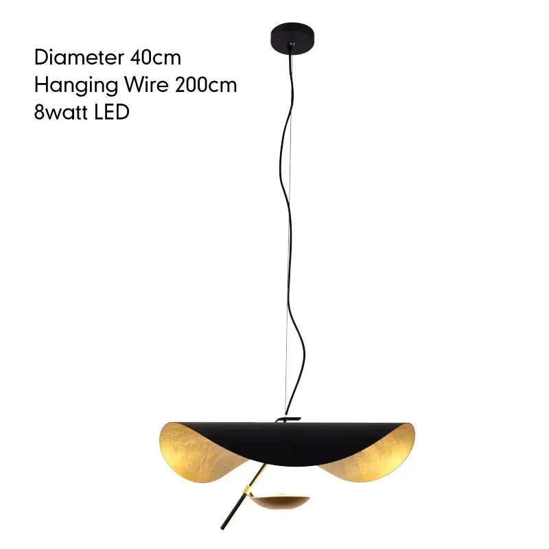 Black and gold pendant light with specifications on a white background