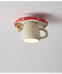 Red White Ceramic Mushroom Flush Mount Light with Squirrel Accent