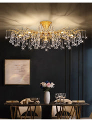 Gold Branch Crystal Waterfall Semi-Flush Mount Chandelier