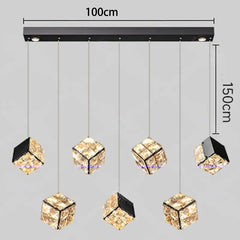 Chandelier with crystal-like cubes and dimensions on a gray background